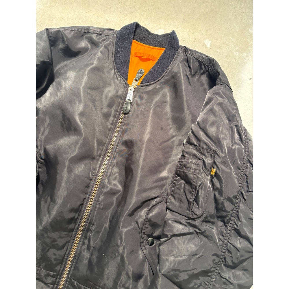 Vintage Alpha Industries MA-1 Flight Jacket Black Orange Lining Size Medium - Picture 2 of 7